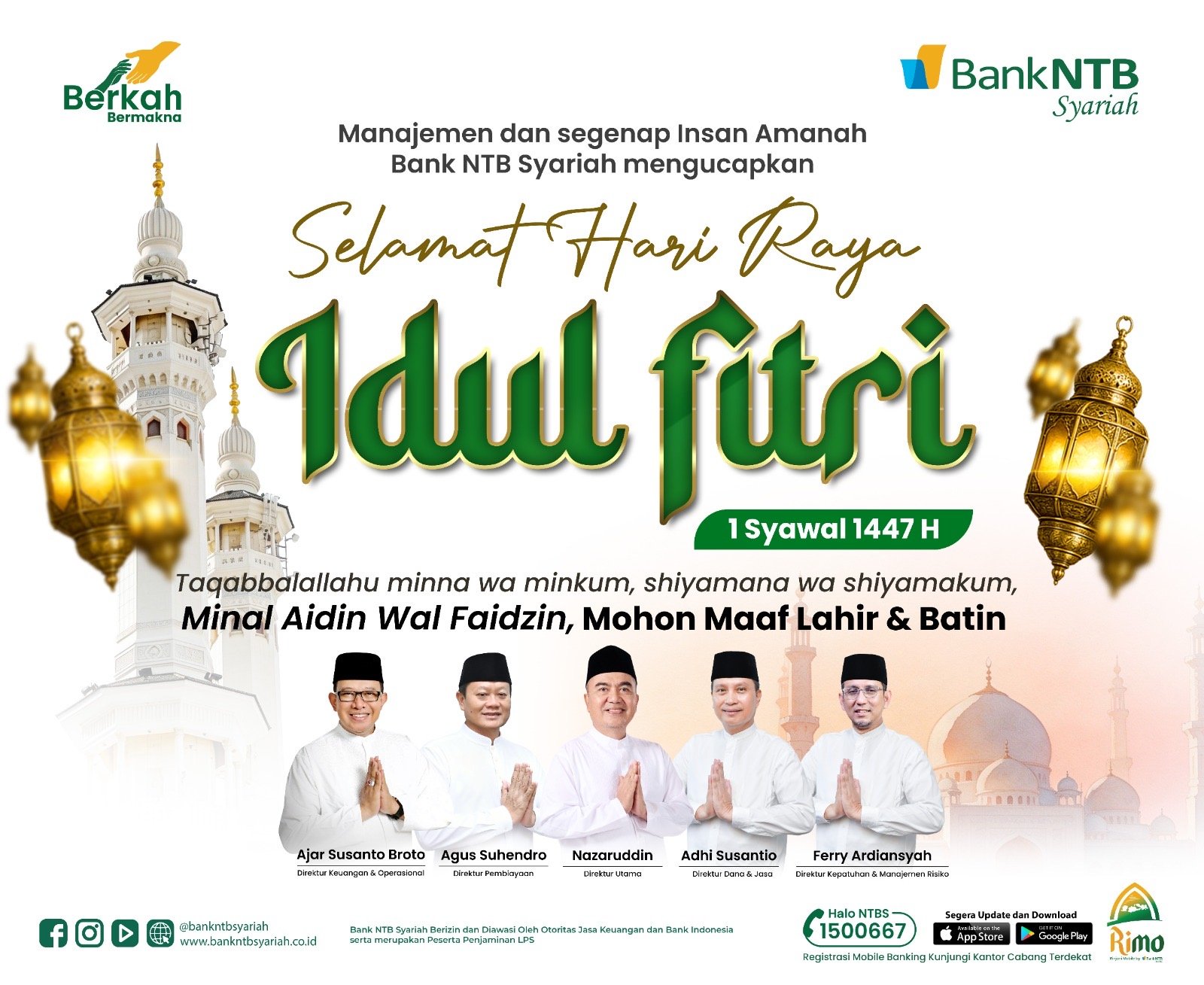 Manajemen dan Segenap Insan Amanah Bank NTB Syariah Mengucapkan Selamat Hari Raya Idul Fitri